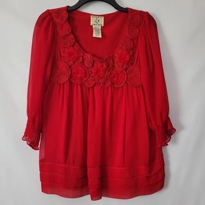 Ice Design Vintage Top Red Rosette Flower Balloon Sleeve Blouse Women's Small S